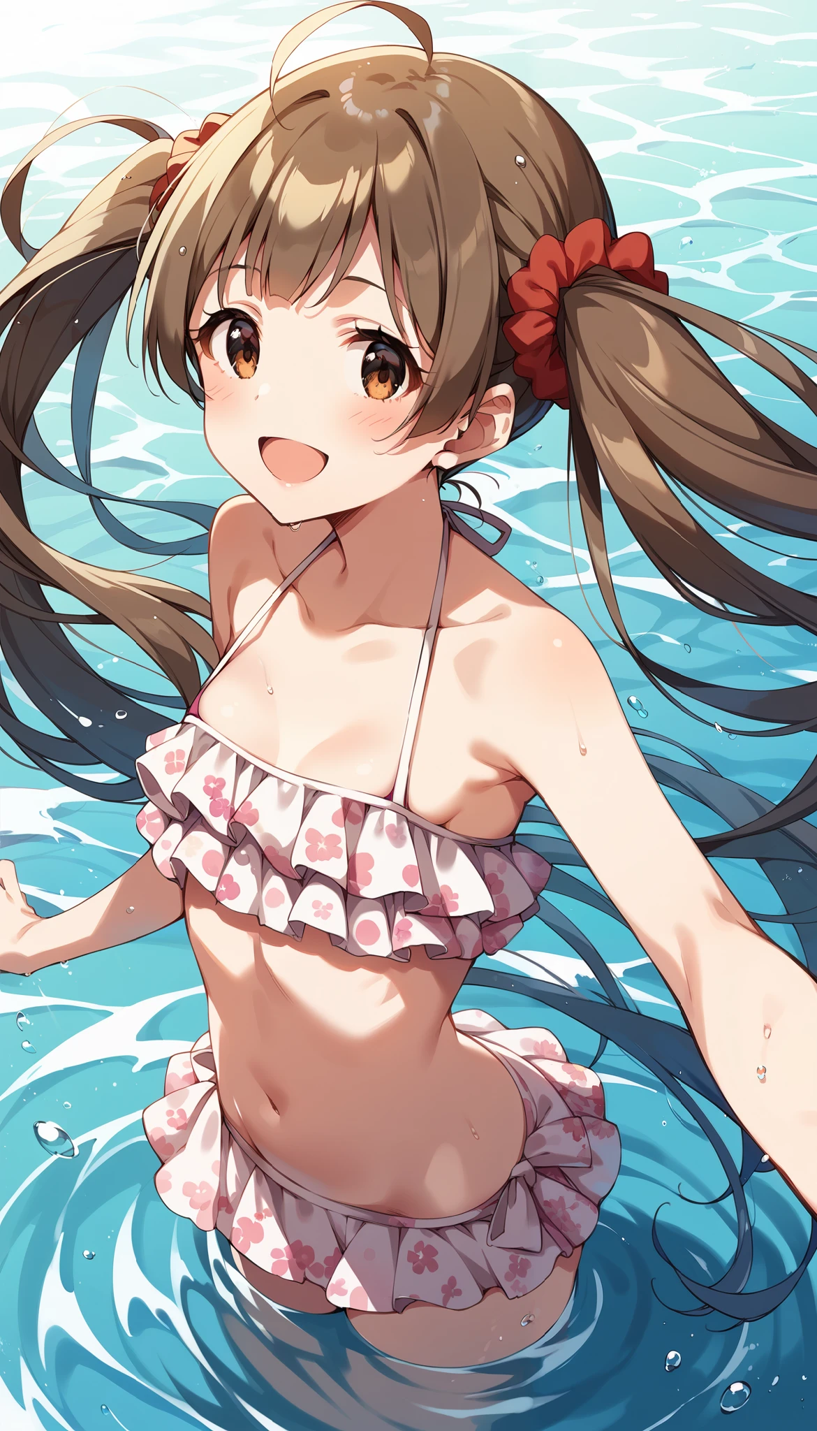 score_9, score_8_up, score_7_up, very aesthetic, source_anime BREAK
1girl, hakozaki serika, , millitheater, brown hair, twintails, brown eyes, open mouth, smile,  ahoge, , scrunchie, , looking at viewer, ocean, :d, hair scrunchie, frills, collarbone, floral print, , frilled bikini, hair ornament, bikini skirt, red scrunchie,  pink bikini, wading, print bikini, :o, , blush, , halterneck, , solo focus, navel, , bare shoulders, bare breasts,show off nipple, very long hair, , small breasts, floating hair, 
