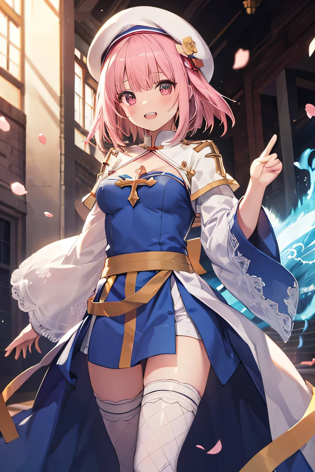 happy girl ( showing teeth), standing, combat pose,  pink hair color,  mmorpg background ,  mmorpg background (A stranger), complete anatomy,   graphic effects ,  ornament of a flower-shaped accessory on the head, aura, white beret, height 159 cm  ( 5 feet 3 inches ),  summoning circle,  Castea Heal Skill( ragnarok online ), Blue Fire Force +vapor,  fire around, strong breeze ,  sakura petals and leaves, primera persona, blush,  looking at the spectator , Charm, Pausa de toque ciego  looking at the spectator ,  very detailed face , 8K, light and shadow effect.  Masterpiece.