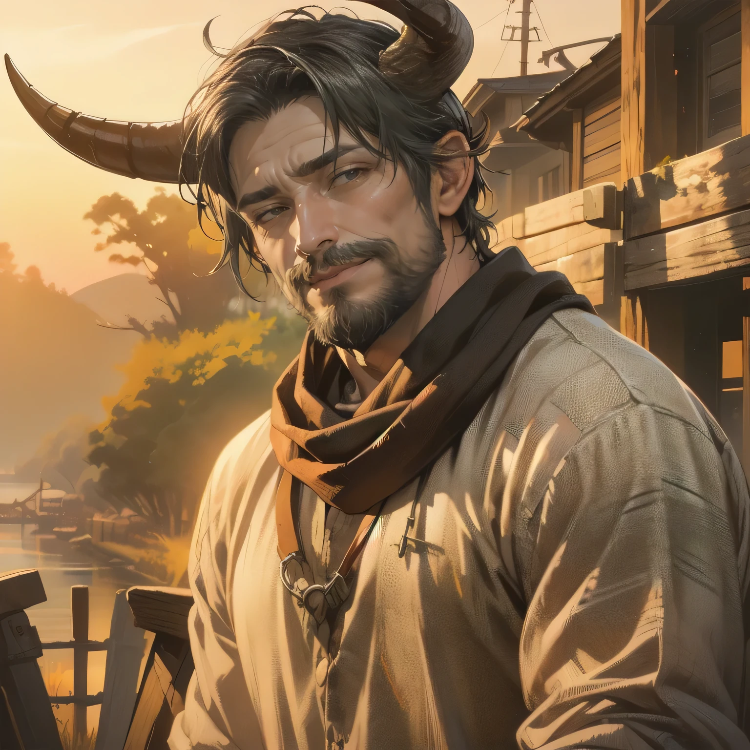 A man, 1 man, old, short brown hair mixed with silver, a few wrinkles but still attractive, muscular, dusk, sunset, warm light, orange light,wearing old ivory rough cloth shirt, old dark scarf. behind is a wooden fence, smiling slightly with viewer, has strong bull horns, and bull fluffy ears,the sunset light fell on him