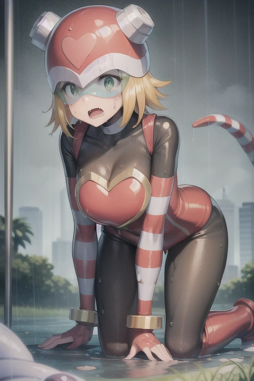 harpnote_megamansf, 1girl, blonde hair, short hair, bodysuit, heart, (helmet), green eyes, looking at viewer, crying, high quality, sad, masterpiece, torn clothes, bodysuit, breasts, large hips, concerned, tears, boobs out, tits, thicc, torn clothes, slime all over, tentacles, open mouth, exposed breasts, tits, defeated, exposed skin, perky breasts, cut clothes, ripped clothes, weak, belly button, tight clothes, torn bodysuit, transparent clothes, Thicc, raining, surrounded, trapped, imprisoned, tentacles grab leg, wet, wet clothes, captured, on all fours, pantyhose, sewer, raining 