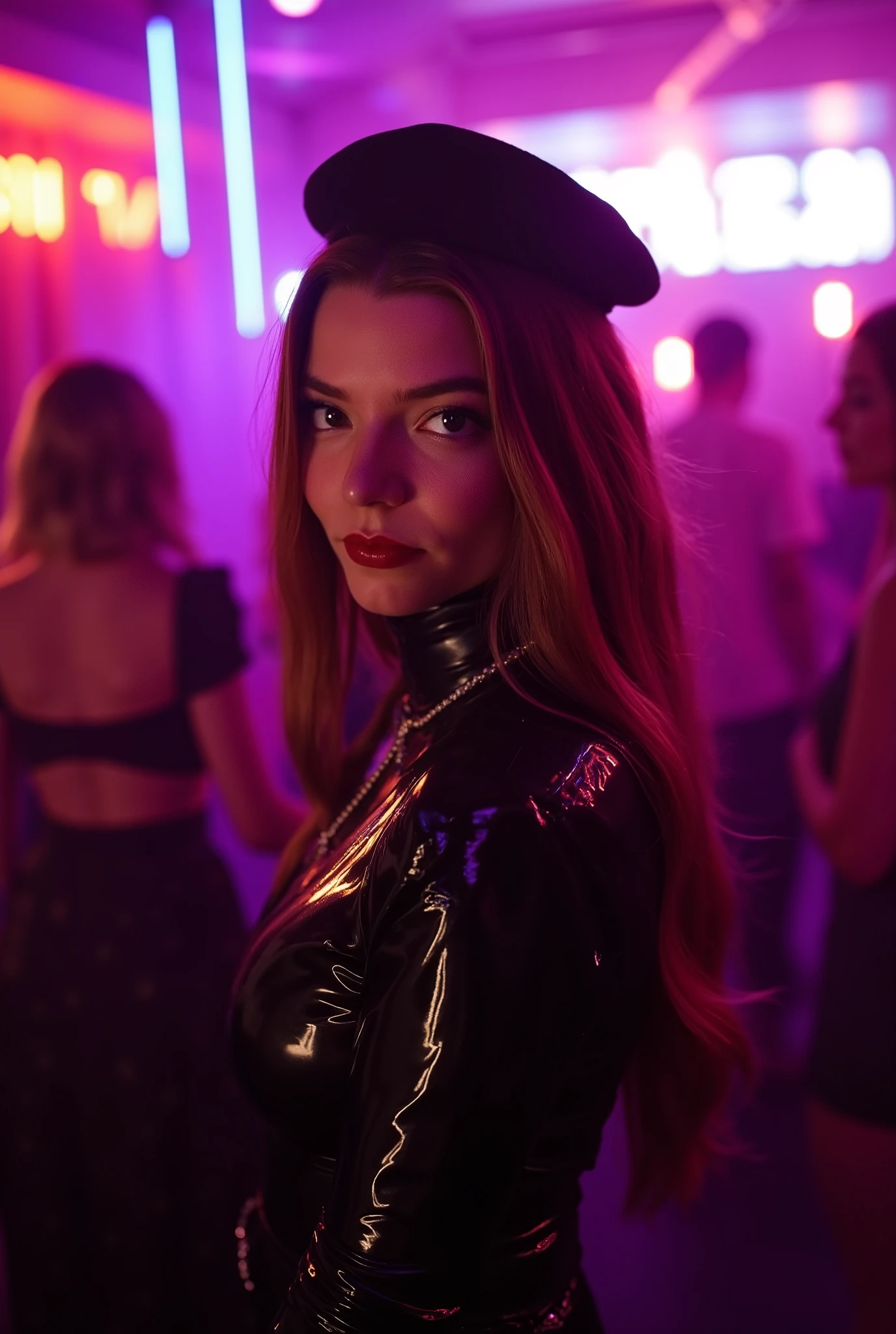 portrait of anya, she is wearing shiny red lip gloss, looking directly at the viewer, she is wearing a latex cyberpunk outfit, she is standing in a nightclub, the room is brightly lit with neon lights,