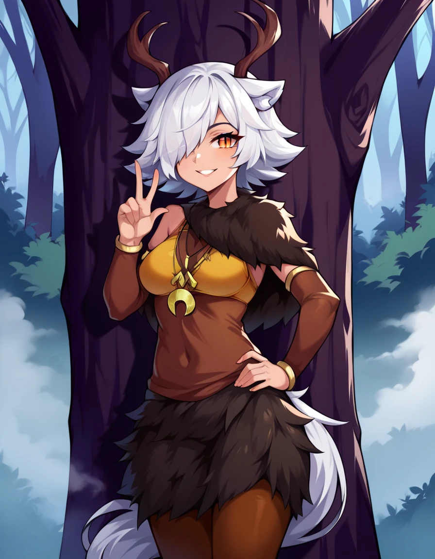 1girl,solo,deer girl,antlers,white hair,animal ears,tail,hair over one eye,orange eyes,slit pupils,crescent moon necklace,fur capelet,brown shirt,yellow bikini top,fur skirt,brown legwear,detached sleeves,
forest,outdoors,bare tree,fog,
looking at viewer,smile,hand up,v,hand on own hip,standing,back against tree,, score_9, score_8_up, score_7_up, perfect anatomy, source_anime, zPDXL2,