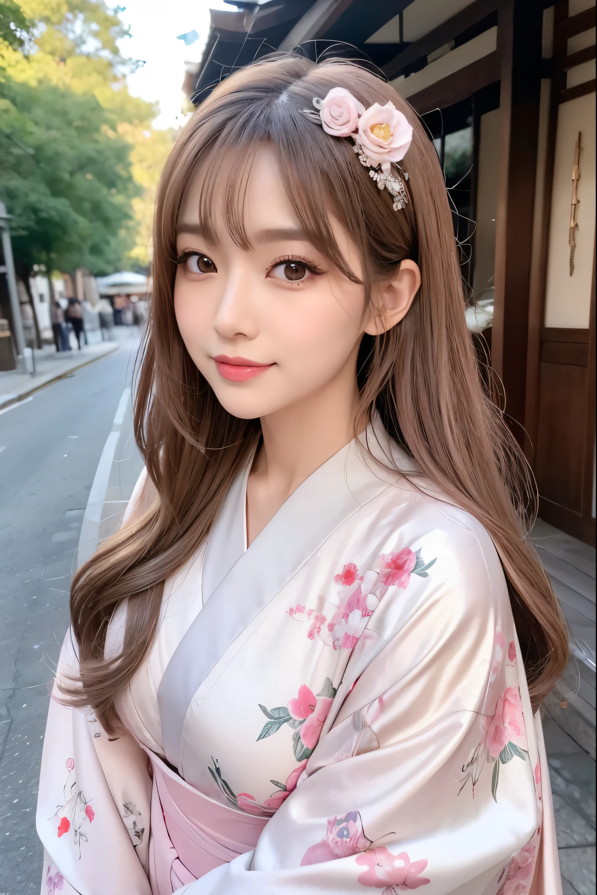 (NSFW:1.1)、 photorealistic、( Perfect Anatomy)female 1 person、age: 32、 The hairstyle is semi-long and loosely wrapped、 hair color is pretty light brown、Applying blush to the cheeks、Wearing false eyelashes、 I wear silver colored contact lenses、There are light eyeshadows、 lips are pink and glossy、smile、New Year、first visit of the year to a shrine、 wearing a kimono but showing my breasts 