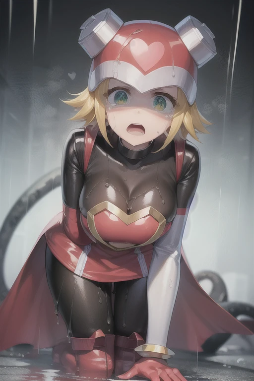 harpnote_megamansf, 1girl, blonde hair, short hair, bodysuit, heart, (helmet), green eyes, looking at viewer, crying, high quality, sad, masterpiece, torn clothes, bodysuit, breasts, large hips, concerned, tears, boobs out, tits, thicc, torn clothes, slime all over, tentacles, open mouth, exposed breasts, tits, defeated, exposed skin, perky breasts, cut clothes, ripped clothes, weak, belly button, tight clothes, torn bodysuit, transparent clothes, Thicc, raining, surrounded, trapped, imprisoned, tentacles grab leg, wet, wet clothes, captured, on all fours, pantyhose, sewer, raining, side boob, green tentacles, penetration 