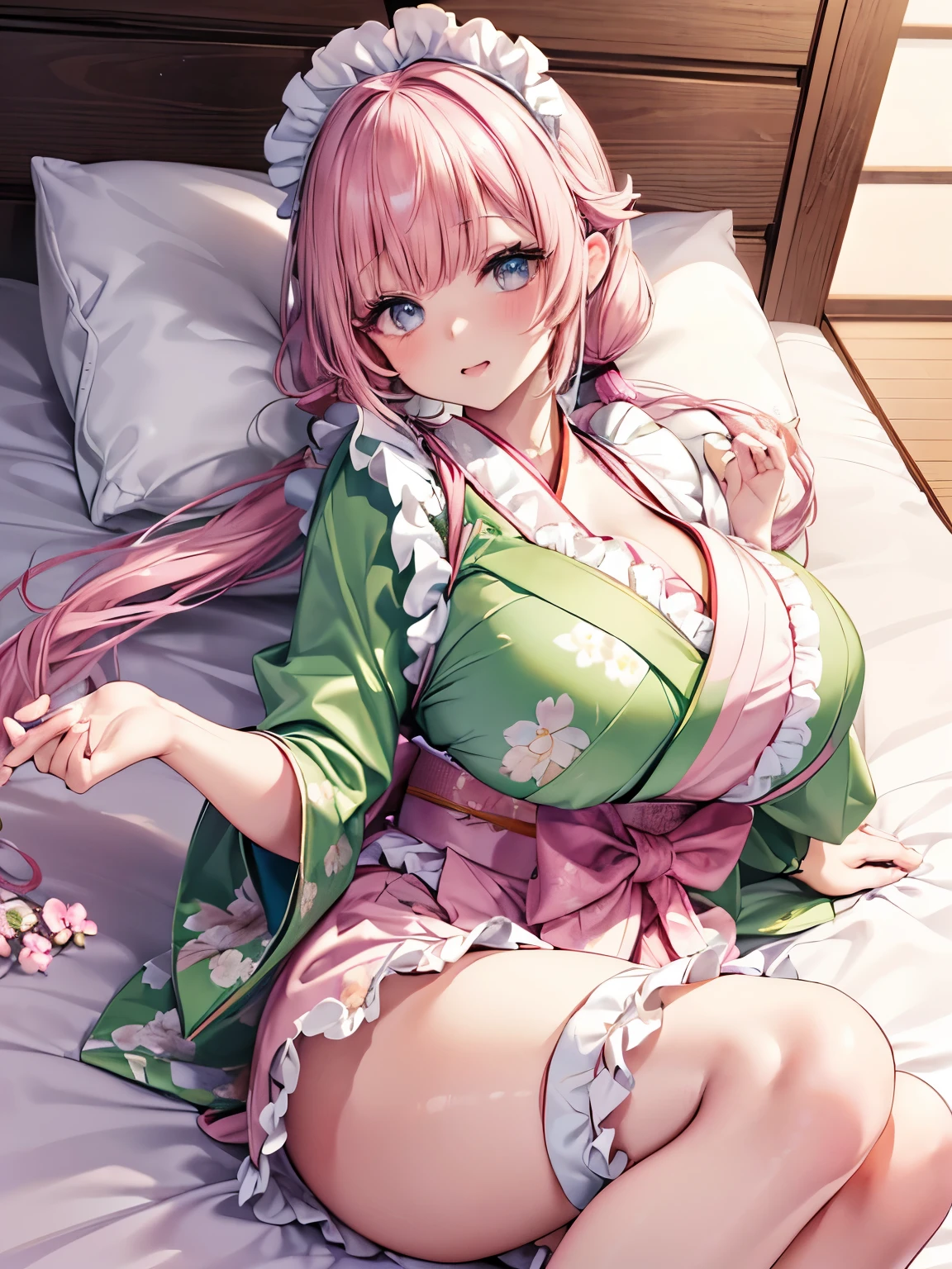 (8K、masterpiece、Highly detailed background、high resolution)、(mitsuri kanroji)、Cleavage、(On the bed、yukata、Random sexy poses、underwear)