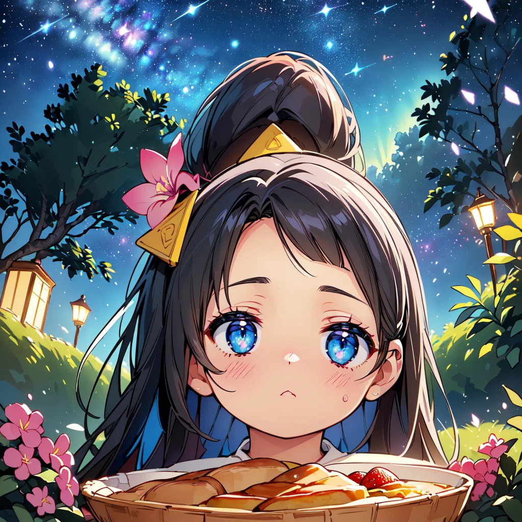  in plain clothes、((( top quality、  masterpieces during breakfast 、 super detailed、composition、X Composition、Triangular composition、Square composition)))、Draw a plumeria flower 、Looking up at the starry sky。 surround her with colorful nebulae and colorful woods。 pink、light blue、 blue fantastic light source background 、 glitter