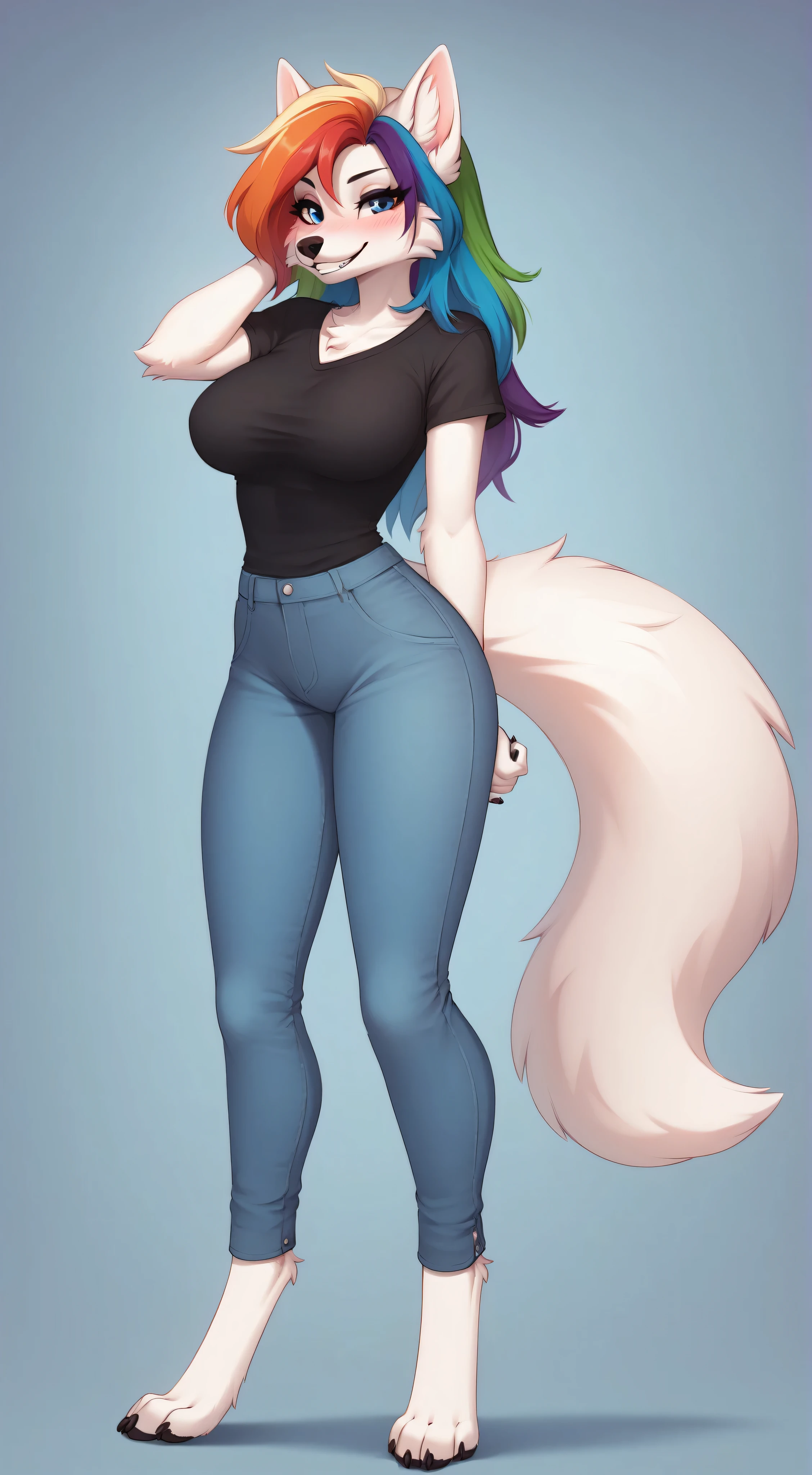 (4K HD Quality), score_9_up, score_8_up, score_6_up, anthro, solo, 1girl, furry, white fox, white body, white fur, rainbow hair color, long hair, blue eyes, fox tail, medium large breasts, 

Intersex-female fox, perfect smile teeth, blush, 

full, full body view, (far view), looking at view, simple background rainbow color, 

black shirt, long blue pants, 

sexy stance, standing, 