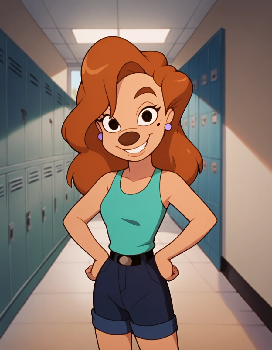 roxanne, 1girl, brown hair, long hair, solo, earrings, black eyes, green tanktop, blue shorts, smile, furry female, shorts, belt,, score_9, score_8_up, score_7_up, score_6_up, score_5_up, score_4_up, looking at viewer,  hallway, gym locker, hands on hips