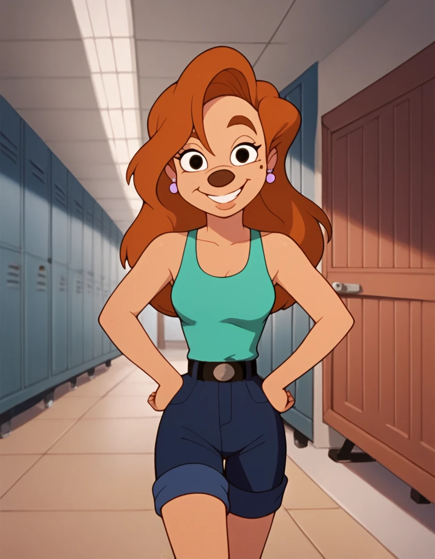 roxanne, 1girl, brown hair, long hair, solo, earrings, black eyes, green tanktop, blue shorts, smile, furry female, shorts, belt,, score_9, score_8_up, score_7_up, score_6_up, score_5_up, score_4_up, looking at viewer,  hallway, gym locker, hands on hips