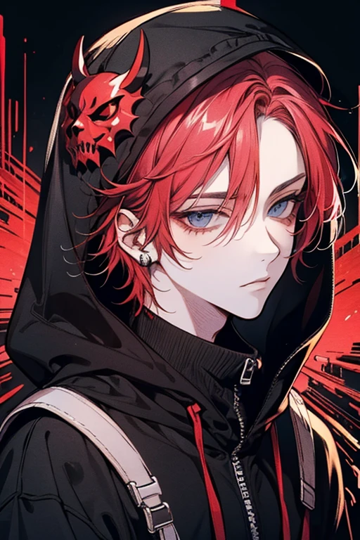 Young man, red hair, red eyes, chain necklace, black sweatshirt, upper body