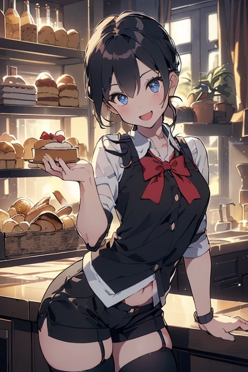 (perky chest:1.2), (pointed chest:1.2),(((Black Tunic:1.3))),(((cakes and bread in the basket),Cute and beautiful girl,(masterpiece), 1girl, solo, adult female, perfect adult female body, (sexy and seductive pose:1.3), bar interior at morning, countertop, plants on shelf, long wavy hair, silver hair,detailed eyes, blue eyes, smiling mouth closed, black waist coat, red bow Black business pants,garter stocking, bootyshorts, black shorts, black thighhighs, thigh strap,(with sparkling eyes and a contagious smile),open mouth, highest quality, high resolution,Real World, Natural light,perfect Natural light, Looking at Viewer,
