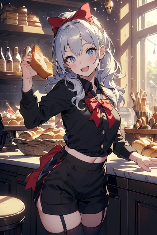 (perky chest:1.2), (pointed chest:1.2),(((Black Tunic:1.3))),(((cakes and bread in the basket),Cute and beautiful girl,(masterpiece), 1girl, solo, adult female, perfect adult female body, (sexy and seductive pose:1.3), bar interior at morning, countertop, plants on shelf, long wavy hair, silver hair,detailed eyes, blue eyes, smiling mouth closed, black waist coat, red bow Black business pants,garter stocking, bootyshorts, black shorts, black thighhighs, thigh strap,(with sparkling eyes and a contagious smile),open mouth, highest quality, high resolution,Real World, Natural light,perfect Natural light, Looking at Viewer,
