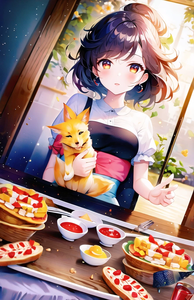 (   is high definition ，  top quality，  masterpieces during breakfast :1.2),   Gratitude ，  1 girl,  Baby kitsune，cute， PROFESSIONAL PHOTO，