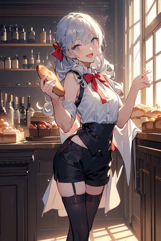 (perky chest:1.2), (pointed chest:1.2),(((Black Tunic:1.3))),(((cakes and bread in the basket),Cute and beautiful girl,(masterpiece), 1girl, solo, adult female, perfect adult female body, (sexy and seductive pose:1.3), bar interior at morning, countertop, plants on shelf, long wavy hair, silver hair,detailed eyes, blue eyes, smiling mouth closed, black waist coat, red bow Black business pants,garter stocking, bootyshorts, black shorts, black thighhighs, thigh strap,(with sparkling eyes and a contagious smile),open mouth, highest quality, high resolution,Real World, Natural light,perfect Natural light, Looking at Viewer,
