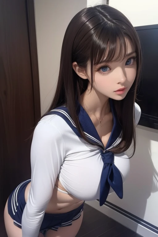 HD, ultra-clear, a thousand details, ((1girl)) wearing a signature sailor costume standing photo taken, ulzzang style, loose and large embellishment sailor uniform, the most brilliant female idol in this world, the portrait is clearly visible, Shikamimi pop elements are interesting, Japanese girls' school uniforms and Korean girls appear separately, sailor costumes add more charm, Son Yoon-joo, Nam Jae-yeon and other fashion icons also join it, a photo of campus outfits.