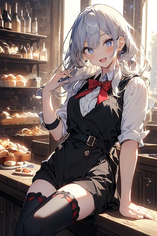 (perky chest:1.2), (pointed chest:1.2),(((Black Tunic:1.3))),(((cakes and bread in the basket),Cute and beautiful girl,(masterpiece), 1girl, solo, adult female, perfect adult female body, (sexy and seductive pose:1.3), bar interior at morning, countertop, plants on shelf, long wavy hair, silver hair,detailed eyes, blue eyes, smiling mouth closed, black waist coat, red bow Black business pants,garter stocking, bootyshorts, black shorts, black thighhighs, thigh strap,(with sparkling eyes and a contagious smile),open mouth, highest quality, high resolution,Real World, Natural light,perfect Natural light, Looking at Viewer,
