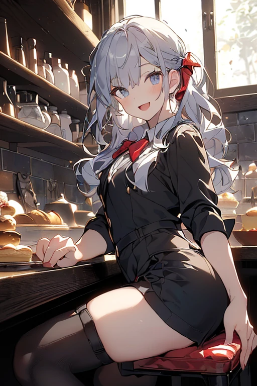 (perky chest:1.2), (pointed chest:1.2),(((Black Tunic:1.3))),(((cakes and bread in the basket),Cute and beautiful girl,(masterpiece), 1girl, solo, adult female, perfect adult female body, (sexy and seductive pose:1.3), bar interior at morning, countertop, plants on shelf, long wavy hair, silver hair,detailed eyes, blue eyes, smiling mouth closed, black waist coat, red bow Black business pants,garter stocking, bootyshorts, black shorts, black thighhighs, thigh strap,(with sparkling eyes and a contagious smile),open mouth, highest quality, high resolution,Real World, Natural light,perfect Natural light, Looking at Viewer,
