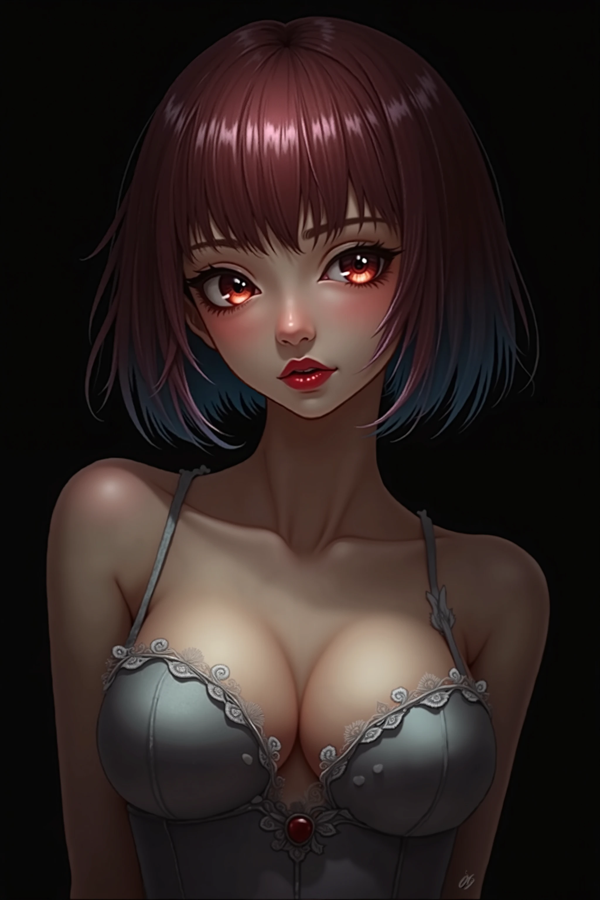 masterpiece, best quality, 1girl, red eyes, orange hair, ((short hair)), ((pink hair)), gothic, choker, slit eyes, face close up,
