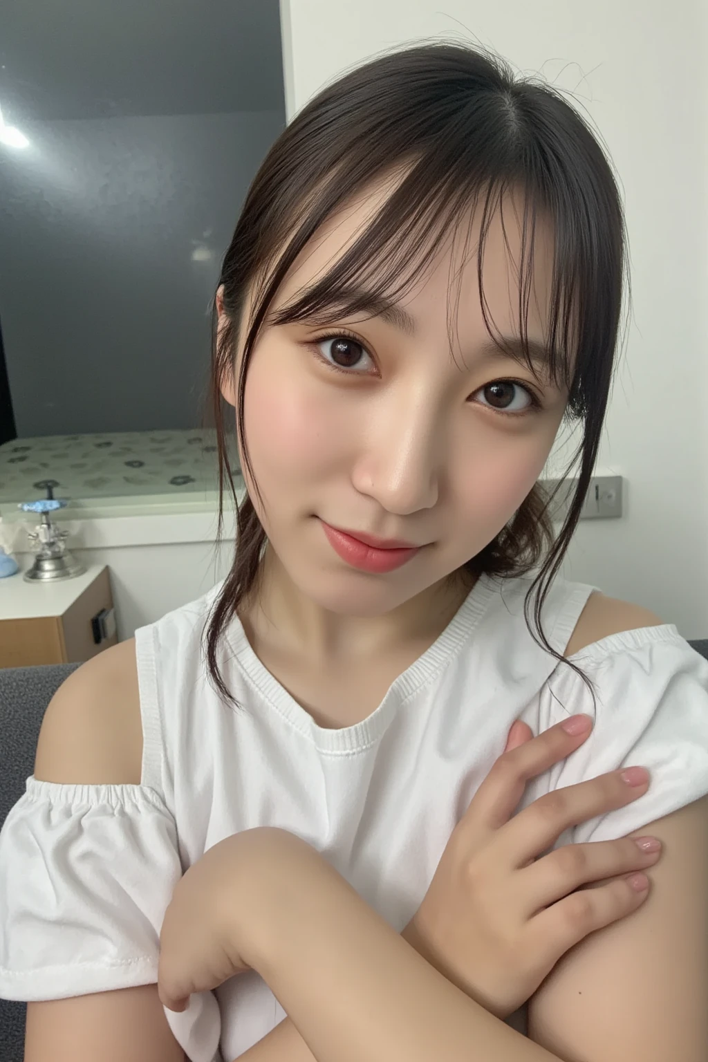 a photo of moefive, 18 year old girl (intricate details:0.8), (hdr, hyperdetailed:1.2), missionary, sex, vaginal, lying,  on bed, paper sheets,  1girl, 1boy, white shirt, office lady, bottomless, large penis, smile, blush, closed mouth, long hair, 