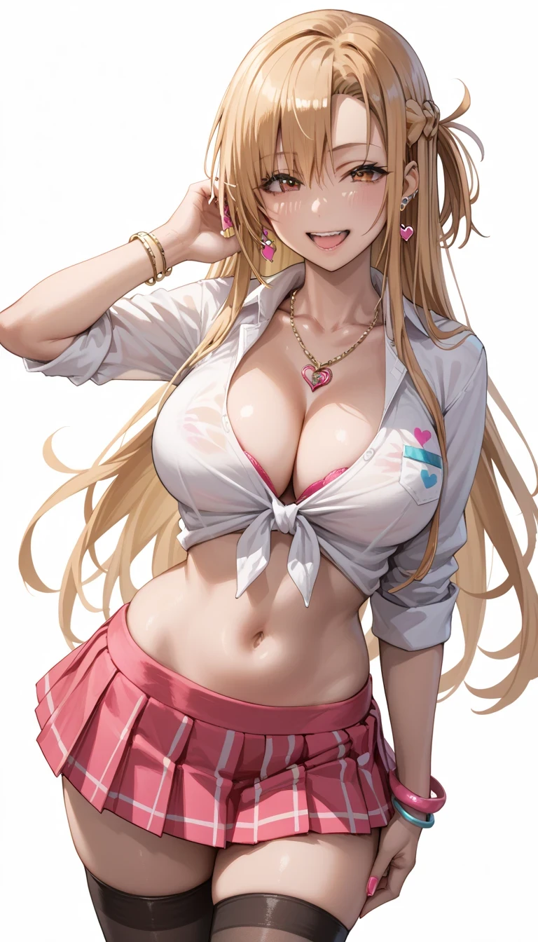 masterpiece, best quality, SimplePositiveXLv2, yuuki asuna, 1girl, solo, long hair, breasts, large breast, curvy, blonde hair, cleavage, 1girl, breasts, thighhighs, solo, large_breasts, collared shirt, tied shirt, pleated skirt, flashy gyaru, happy, showy,too many accessories, colorful , kogal, kogal gyaru, necklace, earrings, bracelet, navel, midriff,