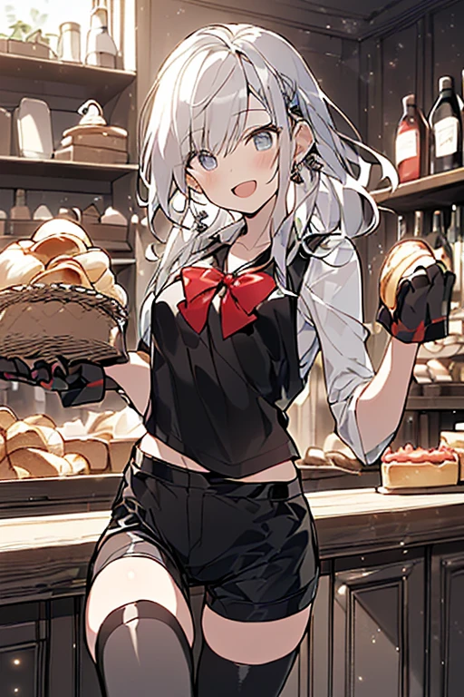 (perky chest:1.2), (pointed chest:1.2),(((Black Tunic:1.3))),(((cakes and bread in the basket),Cute and beautiful girl,(masterpiece), 1girl, solo, adult female, perfect adult female body, (sexy and seductive pose:1.3), bar interior at morning, countertop, plants on shelf, long wavy hair, silver hair,detailed eyes, blue eyes, smiling mouth closed, black waist coat, red bow Black business pants,garter stocking, bootyshorts, black shorts, black thighhighs, thigh strap,(with sparkling eyes and a contagious smile),open mouth, highest quality, high resolution,Real World, Natural light,perfect Natural light, Looking at Viewer,
