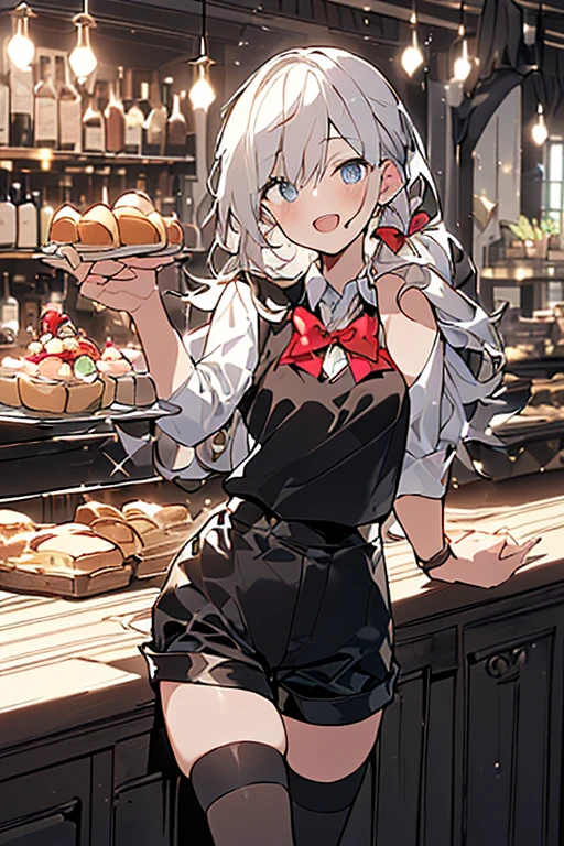 (perky chest:1.2), (pointed chest:1.2),(((Black Tunic:1.3))),(((cakes and bread in the basket),Cute and beautiful girl,(masterpiece), 1girl, solo, adult female, perfect adult female body, (sexy and seductive pose:1.3), bar interior at morning, countertop, plants on shelf, long wavy hair, silver hair,detailed eyes, blue eyes, smiling mouth closed, black waist coat, red bow Black business pants,garter stocking, bootyshorts, black shorts, black thighhighs, thigh strap,(with sparkling eyes and a contagious smile),open mouth, highest quality, high resolution,Real World, Natural light,perfect Natural light, Looking at Viewer,
