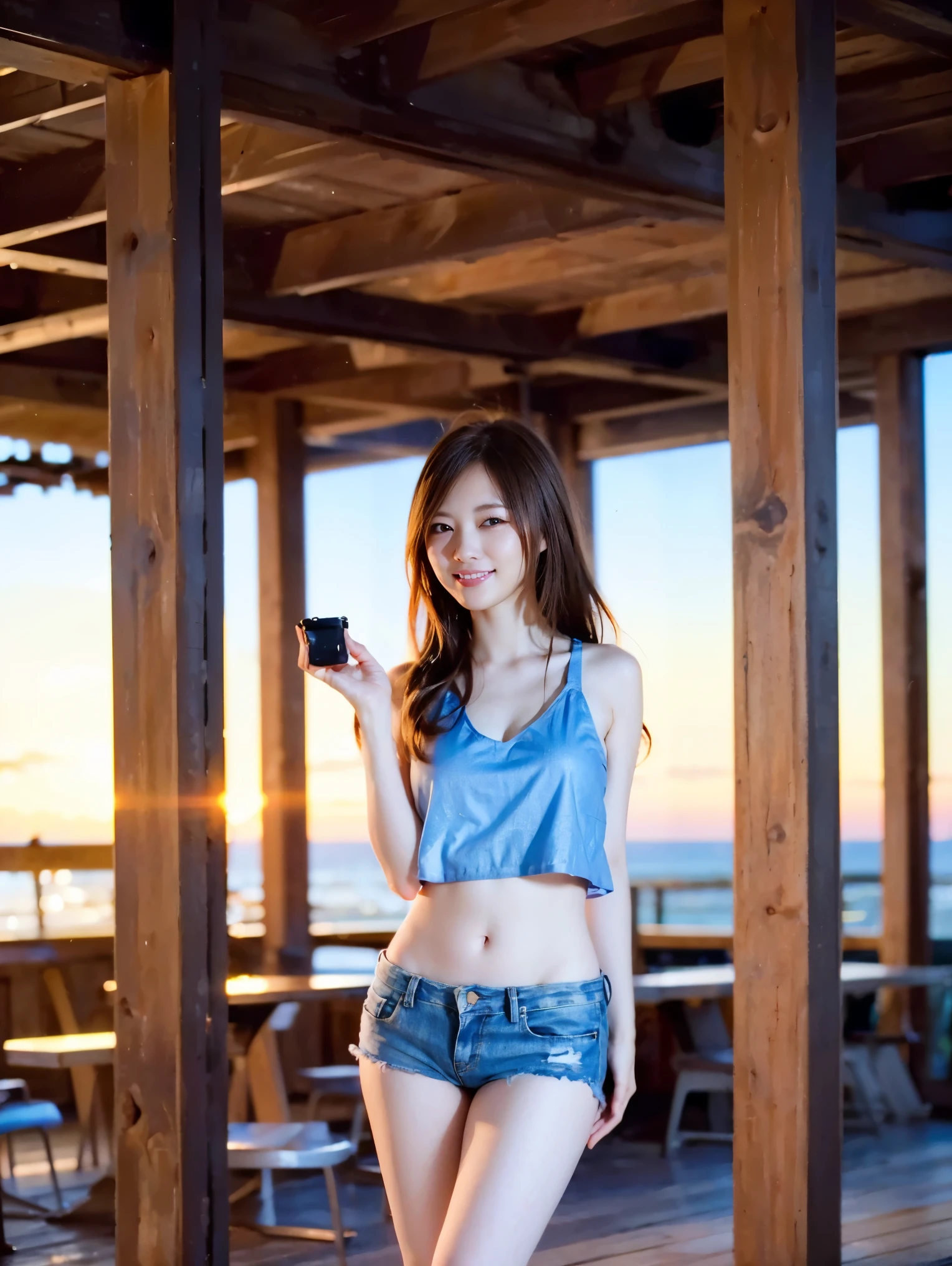 nsfw:1.2, from below:1.4,front focus:1.5,(8k RAW photo,Live Shooting, top quality, masterpiece:1.37), Extreme light and shadow, full body shot :1.5, shiny chestnut hair , medium hair, , ( Clean brown eyes 、 Sparkling Eyes , fine grain)、smile、 Super Detailed Eyes Caught Between Pillars、 very detailed face 、 very detailed eyes ,, one girl, Alone、 masterpieces during breakfast , cowboy shooting , super high resolution,nsfw、 one girl, , ( Short Tank Tops That Are Wet and See Through Your Nipples, Micro Damaged Denim Shorts )), white skin,( Sunset Background:1.4),