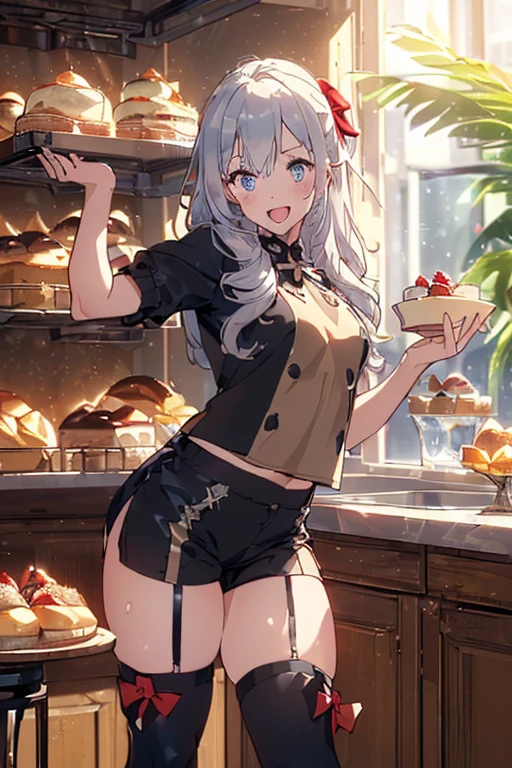1 girl, small nose, very beautiful detailed face and eyes, bright colors, cute face, delicate beautiful face, Bright magenta eyes, cute eyes, sparkling eyes, Big eyes, (big breasts:1.3), (perky chest:1.1), (pointed chest:1.0), (cake magazine cover:1.3),highest quality, WorKs of masters, High resolution,BlacK color hair,shiny hair, side ponytail,hair between eyes,bangs, (black jacket, real clothes, cleavage, midriff, black skirts, black thighhighs, thigh strap, fingerless gloves, single glove:1.2) , spread legs, panties shot, medium hips, glamorous body, white skin, smile, thin pubric hair, super beautiful face, Super beautiful eyes, Super beautiful hair,trendy outfit,sexy and attractive,full body esbian, Real World, Natural light,perfect Natural light,(with sparkling eyes and a contagious smile), This masterpiece is not only visually stunning but also tells, A scene of cooking in the kitchen, open mouth, looking at viewer,