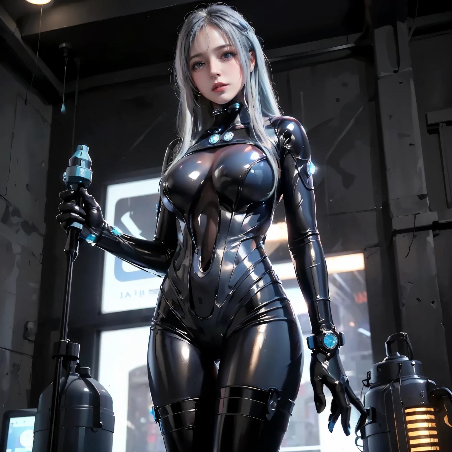 ((masterpiece)), ((best quality)), ((ultra-detailed)),((hyperrealistic)),((shiny skin)),1girl,medium hair,wavy hair,light blue hair,((drill hair)),((light blue eyes)),((tareme)),((big breasts)),,mechanical Gantz's bodysuit,portrait,from below,