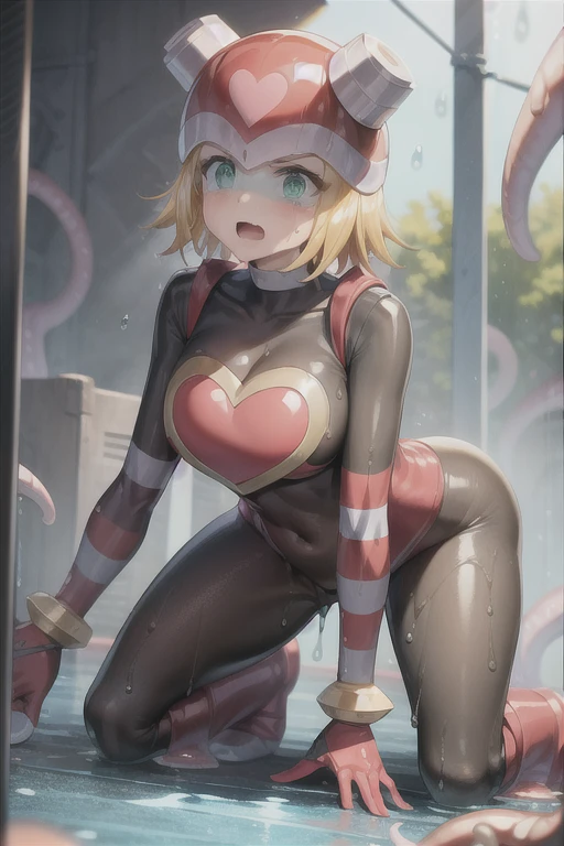 harpnote_megamansf, 1girl, blonde hair, short hair, bodysuit, heart, (helmet), green eyes, looking at viewer, crying, high quality, sad, masterpiece, torn clothes, bodysuit, breasts, large hips, concerned, tears, boobs out, tits, thicc, torn clothes, slime all over, tentacles, open mouth, exposed breasts, tits, defeated, exposed skin, perky breasts, cut clothes, ripped clothes, weak, belly button, tight clothes, torn bodysuit, transparent clothes, Thicc, raining, surrounded, trapped, imprisoned, tentacles grab leg, wet, wet clothes, captured, on all fours, pantyhose, sewer, raining, side boob, green tentacles, penetration , surrounded by tentacles, tentacle penetration, cleavage, pantyhose 