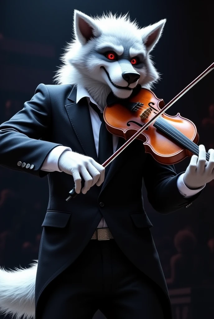 fursuit werewolf male.
playing the violin.
muscular. Red eyes, white fur, Nice jacket and a black tie, Stage, looking at the viewer, 