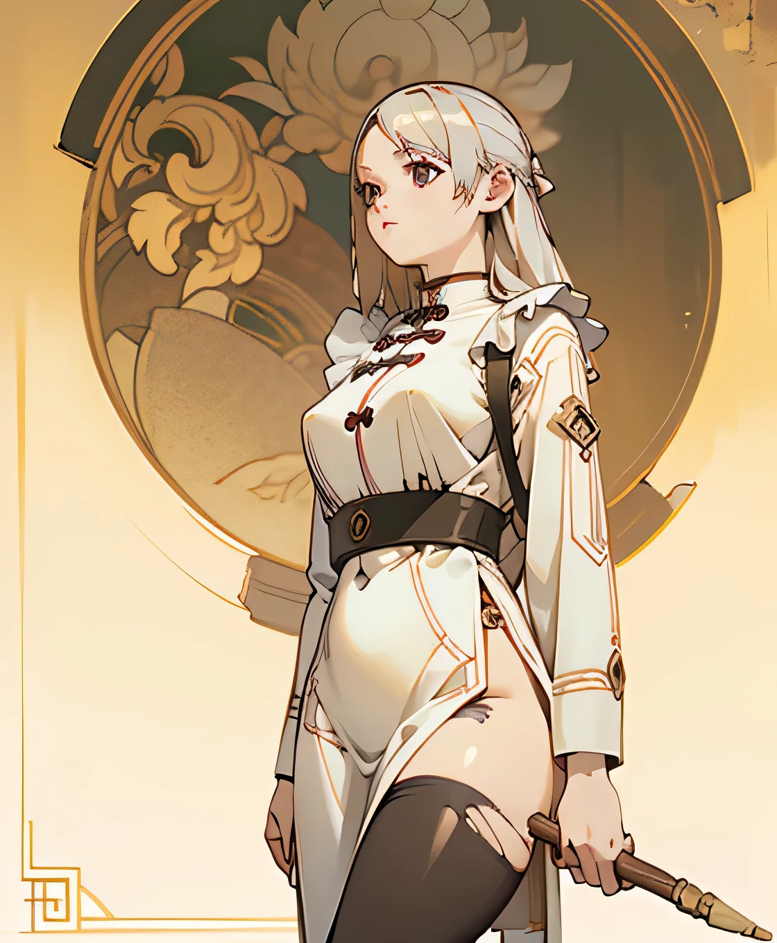 (masterpiece, best quality) detailed, Wearing black tights, silver accessories , zipper unzipped ,Naked,nipple, Blonde ,Elegant, pointed ears ,Chinese element pattern,thigh,exposed thigh,White clothes,White maid,torn clothes, Alphonse Mucha