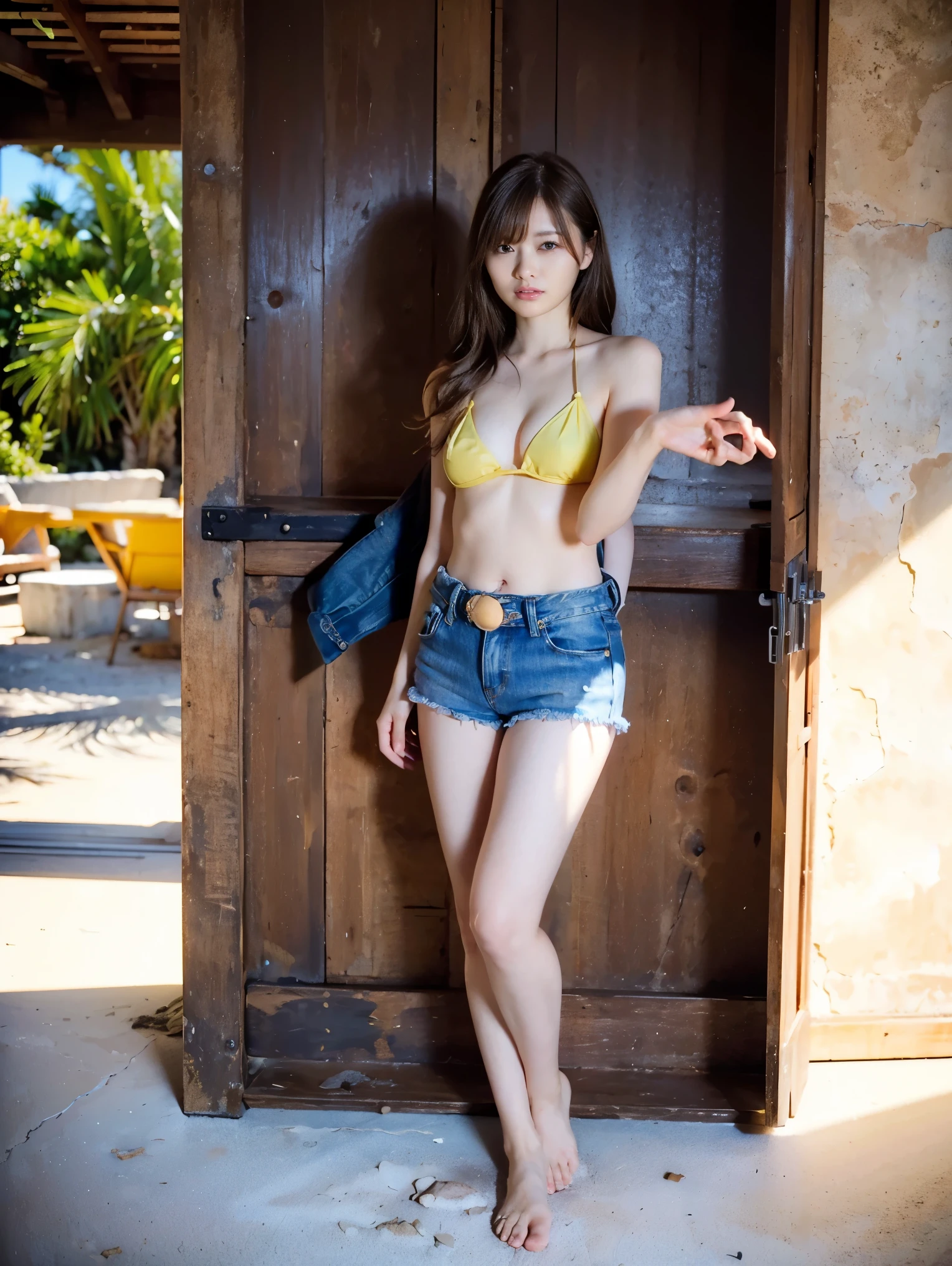  High Resolution Japanese Actress Pictures, ( realistic , photo- realistic :1.2), ( top quality, masterpiece),  RAW photos ,  intricate details,  Extremely Detailed,  very detailed,  very detailed,  sharp concentration, (full body,  shot from the front:1.4), 甜of, Alone,  1 girl, shiny brown hair ,  dark brown long hair ,  beautiful brown eyes、  Sparkling Eyes  , (fine grain)、 Very Pretty Eyes 、 very detailed顔,  very detailed目,  cowboy shooting、 (  masterpieces during breakfast ),( top quality：1.3),8k,Very clear,( super real ),  one girl, beautiful legs,light makeup, (  masterpieces during breakfast 、 top quality、 very detailed)、 ((Waistline、 middle of chest、 slender girl))、 ((Chartreuse Yellow Bikini Top 、 damage micro denim shorts )),  Rosy Cheeks,(( sunset beach))
