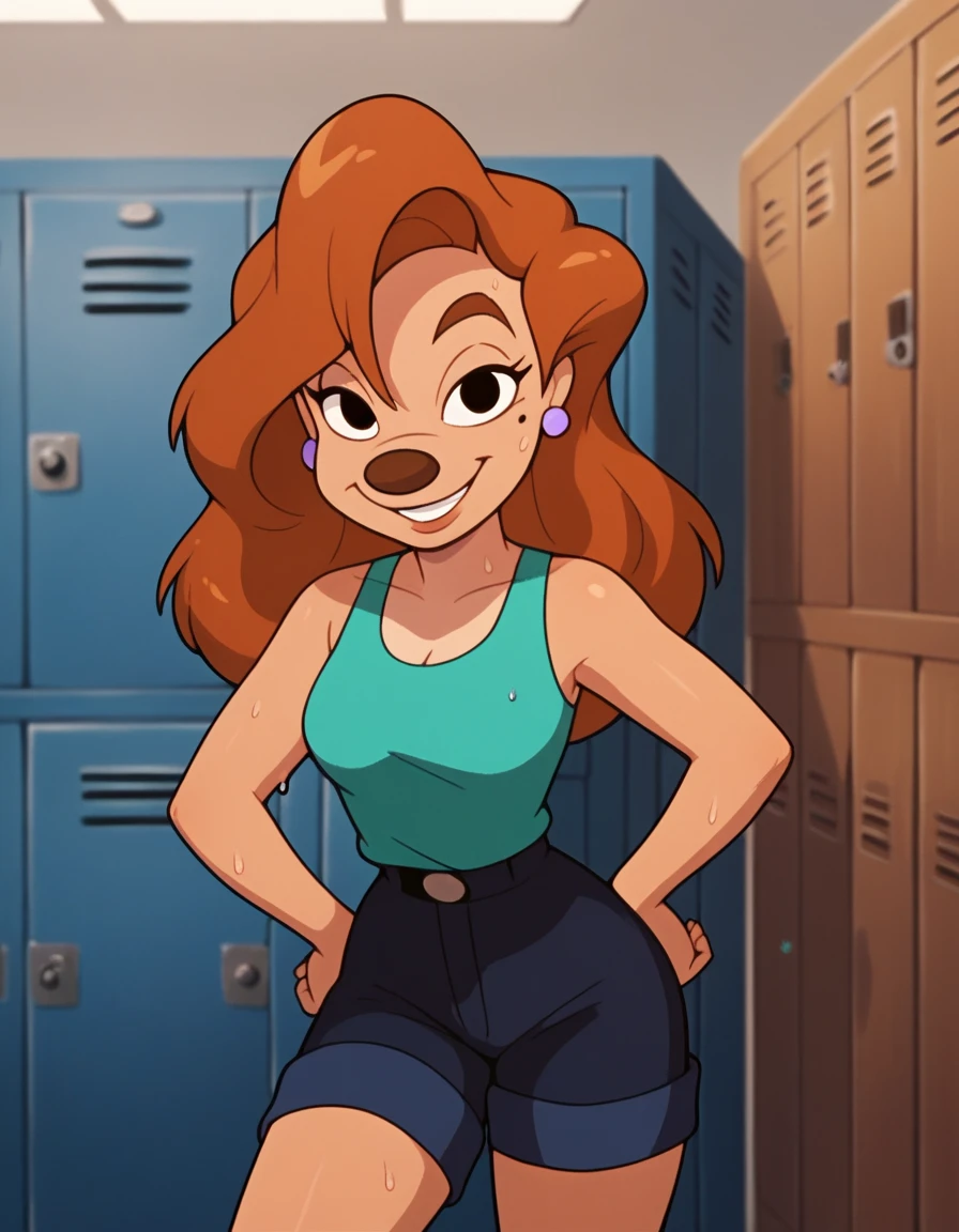 roxanne, 1girl, brown hair, long hair, solo, earrings, black eyes, green tanktop, blue shorts, smile, furry female, shorts,, score_9, score_8_up, score_7_up, score_6_up, score_5_up, score_4_up, looking at viewer, gym locker, hands on hips, sweaty, sexy, wet with sweat