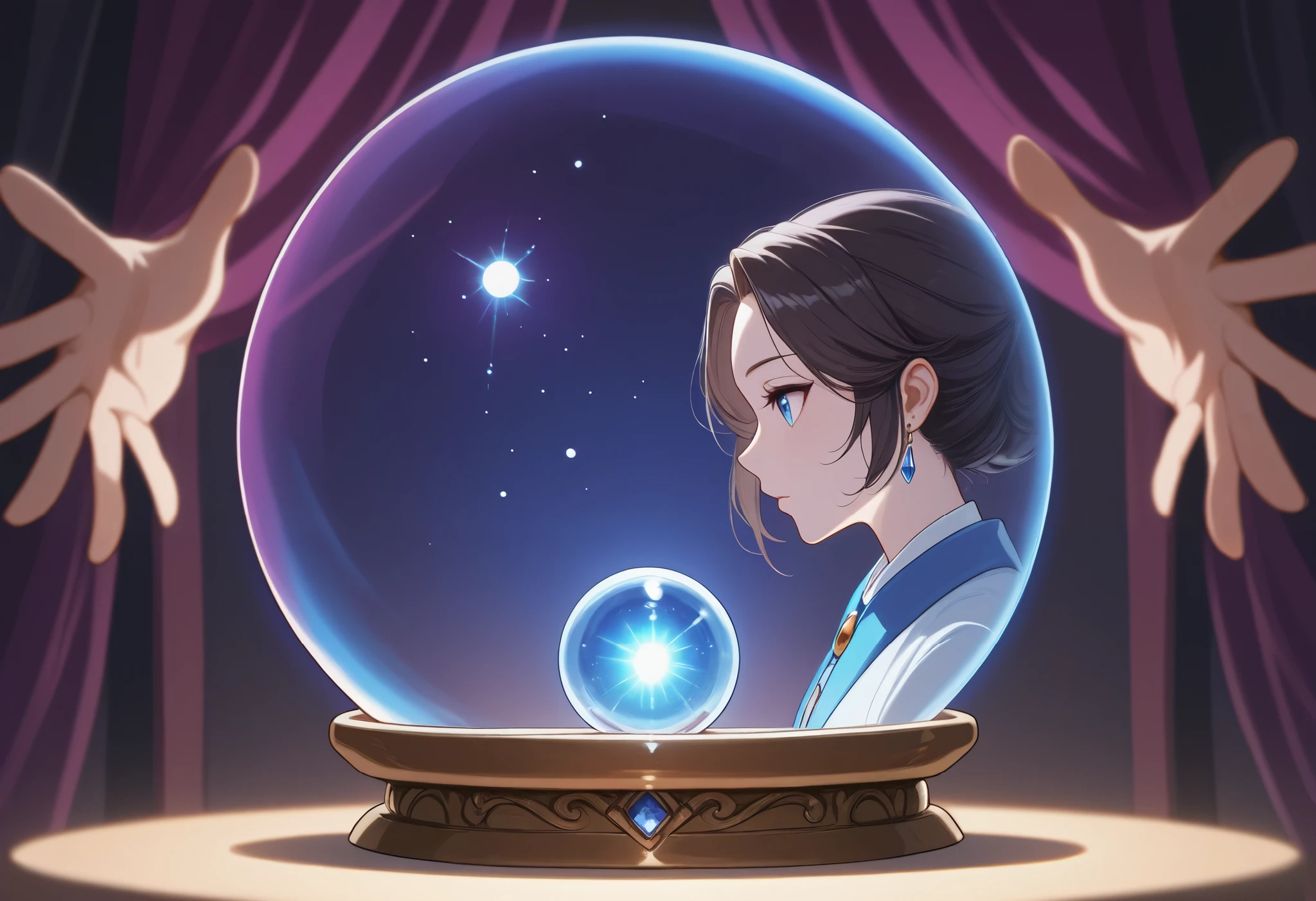 profile,A kind fortune teller,There is a cat nearby,Attention to detail,Beautiful crystal ball,Mysterious atmosphere,