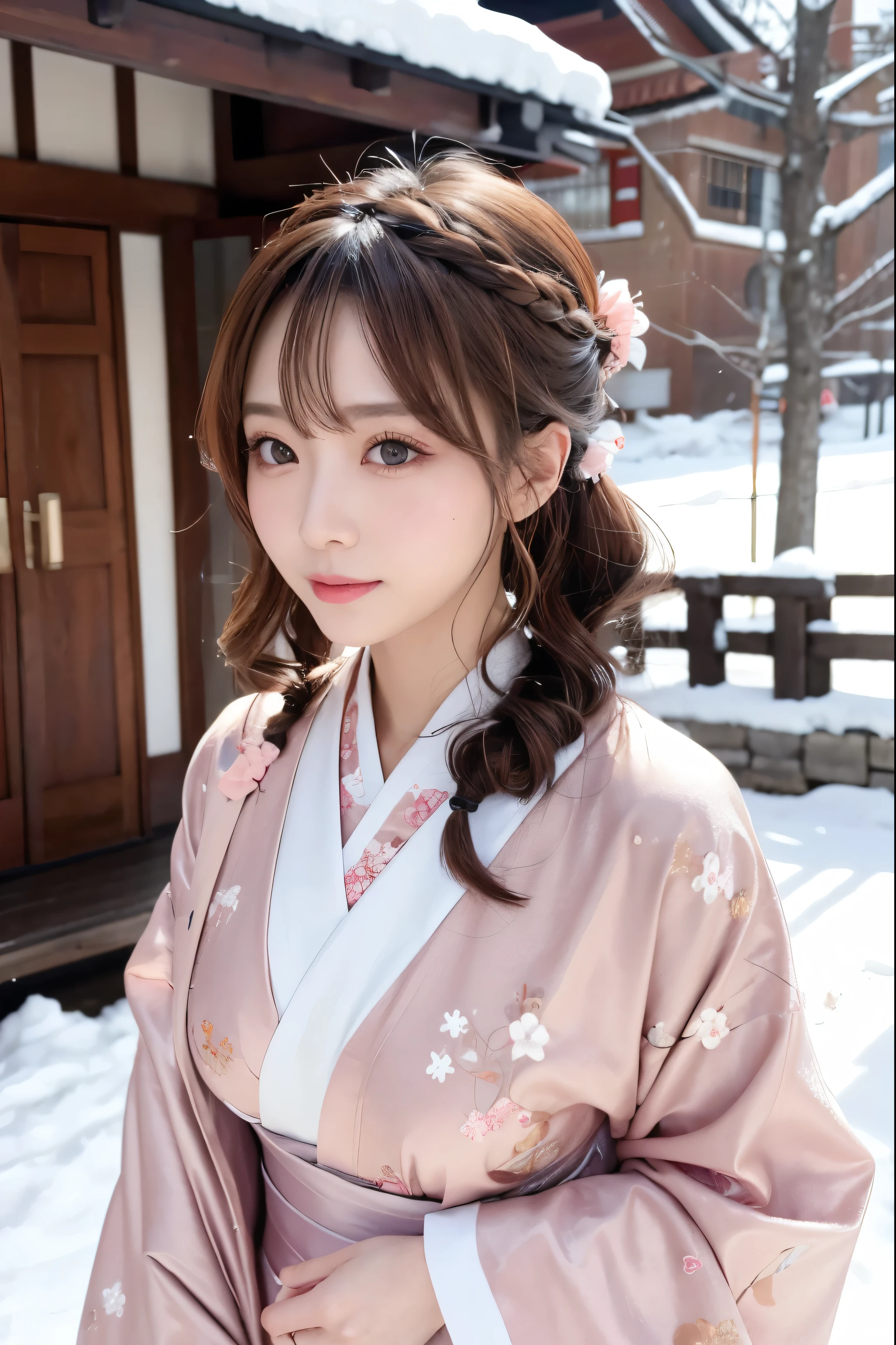(NSFW:1.1)、 photorealistic、( Perfect Anatomy)female 1 person、age: 32、 The hairstyle is semi-long and loosely wrapped、 hair color is pretty light brown、Applying blush to the cheeks、Wearing false eyelashes、 I wear silver colored contact lenses、There are light eyeshadows、 lips are pink and glossy、smile、New Year、first visit of the year to a shrine、 wearing a kimono but showing my breasts 、Outdoor、noon、 snow is falling
