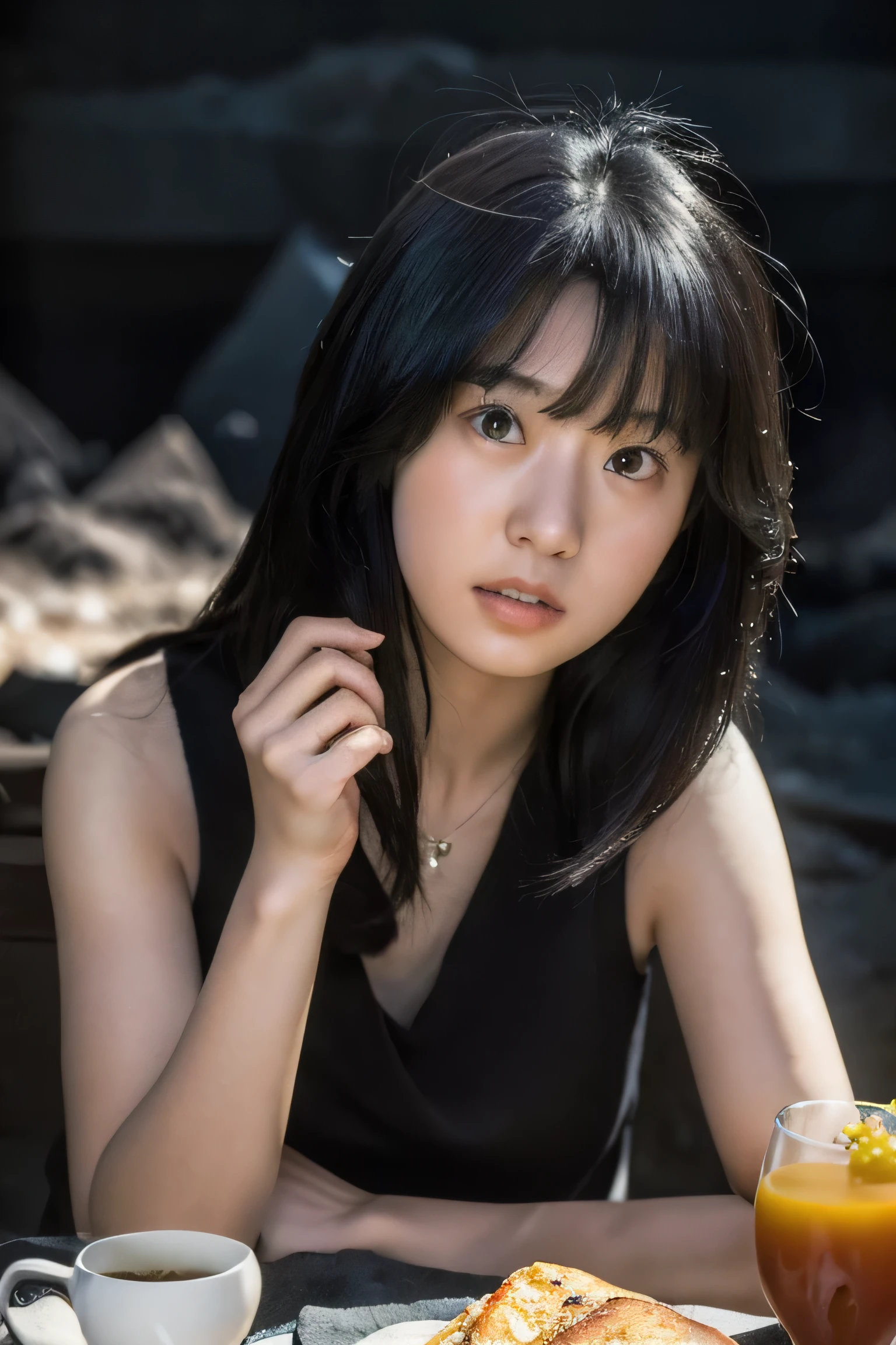 round face、Baby Face、Cigarette smoke、wide bob cut, Cinematic composition、Unexpected angles、born々New skin texture、Arm hair、Realistic skin texture (1.8), Pore details (1.7), Fine vellus hair (1.7), Micro skin relief (1.6), Natural skin moisture (1.5), Skin translucency (1.6), Soft skin highlights (1.7), Subtle goosebumps (2.5), Subsurface scattering (1.7), Macro skin detail (1.8)Black sleeveless、pores、 Dark Room,Always Details,finely,High resolution, HDR,Deep Shadows,High Contrast,(8K、born写真、Highest quality、masterpiece:1.2)、(Realistic,Photorealistic:1.8) ,whole body,Amazing beautiful eyes,Natural Lip,(Saggy breasts:1.1)（ Squint eyes :1.2）1 girl、Seeing the viewer、Beautifully detailed face,,Half-open mouth,、narrow,Floating Hair,dark brown hair, short hair, brown eyes, front, detailed face,Japanese girl sitting in the middle of the room,Wide angle of view, messy room, looking at camera, black camisole,Arm hair、Brown Hair,Seeing the viewer,Beautifully detailed face, cinematic light,(film gain:1.4)|(VHS Video:1.2)(old analog film photography:1.4) Vintage film (1.8), Analog camera (1.5), Film grain (1.4), Light leak (1.2), Soft focus (1.3), Warm tones (0.2), Retro aesthetic (1.7), Lomography (1.3), Nostalgic atmosphere (1.8), Polaroid-style (1.5), Faded colors (1.9), Dreamy look (1.3), Overexposed (1.1), Vignette effect (1.8), Blurred edges (1.4),dusty room,Moist Skin、Beautifully detailed face,