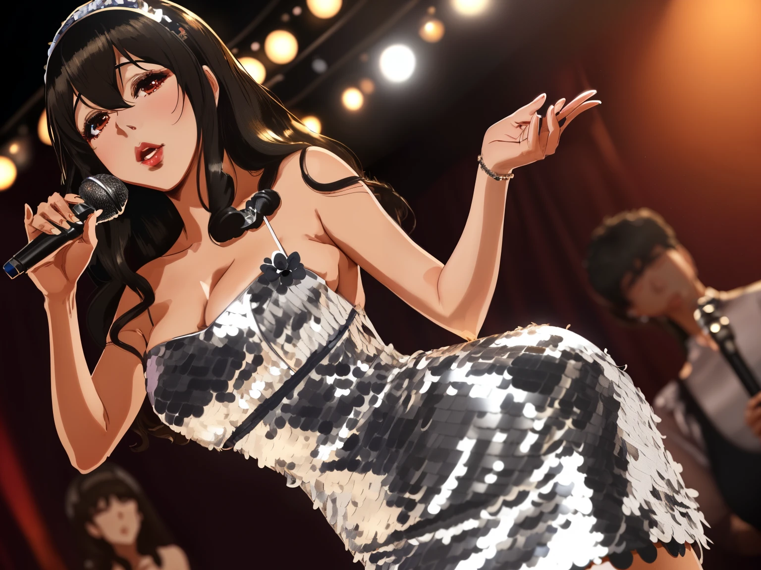 8k, high quality, Mature Sagisawa Fumika wearing a silver dress singing in a jazz club (with an old microphone), she has a warm spot light over her; in the background is the band barely illuminated by a dark red light