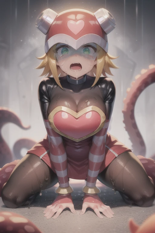 harpnote_megamansf, 1girl, blonde hair, short hair, bodysuit, heart, (helmet), green eyes, looking behind, crying, high quality, sad, masterpiece, torn clothes, bodysuit, breasts, large hips, concerned, tears, boobs out, tits, thicc, torn clothes, slime all over, tentacles, open mouth, exposed breasts, tits, defeated, exposed skin, perky breasts, cut clothes, ripped clothes, weak, belly button, tight clothes, torn bodysuit, transparent clothes, Thicc, raining, surrounded, trapped, imprisoned, tentacles grab leg, wet, wet clothes, captured, on all fours, pantyhose, sewer, raining, side boob, green tentacles, penetration , surrounded by tentacles, tentacle penetration, penetrate, heart attack, dead eyes, pantyhose agony, tears, bound, nsfw, skirt, slimy tentacles, sticky tentacles, laying on belly