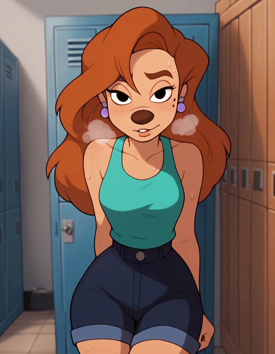 roxanne, 1girl, brown hair, long hair, solo, earrings, black eyes, green tanktop, blue shorts, furry female, shorts,, score_9, score_8_up, score_7_up, score_6_up, score_5_up, score_4_up, looking at viewer, gym locker, hands on hips, sweaty, sexy, wet with sweat, exhuasted, out of breath, breathing, dripping sweat, chin sweating