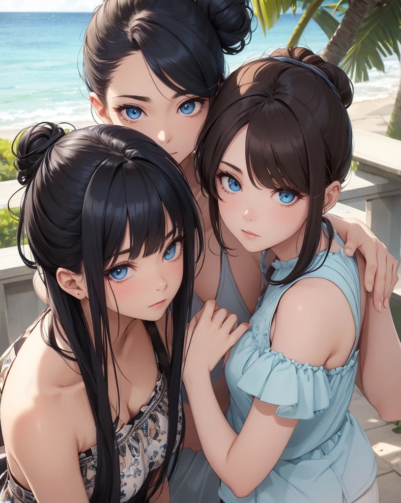( 3 girls), smile、Look into the camera、diamond necklace、braided hair, Wear a jeans skirt.,Random color tank top:1.2. Revealing the upper arm、Extra long twin tail feathers、Flower Hair Ornaments、 Masterpiece, Highest quality, 8ก, beautiful girl, young face、 photography, Cute face, thigh,(Sitting in a waterfall),、smile、small waist, blue eyes(((The chest is erect...)))(((round chest)))(((big breasts:1.2)))