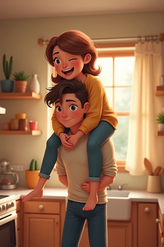 A wife is sitting on her husband's shoulder at kitchen