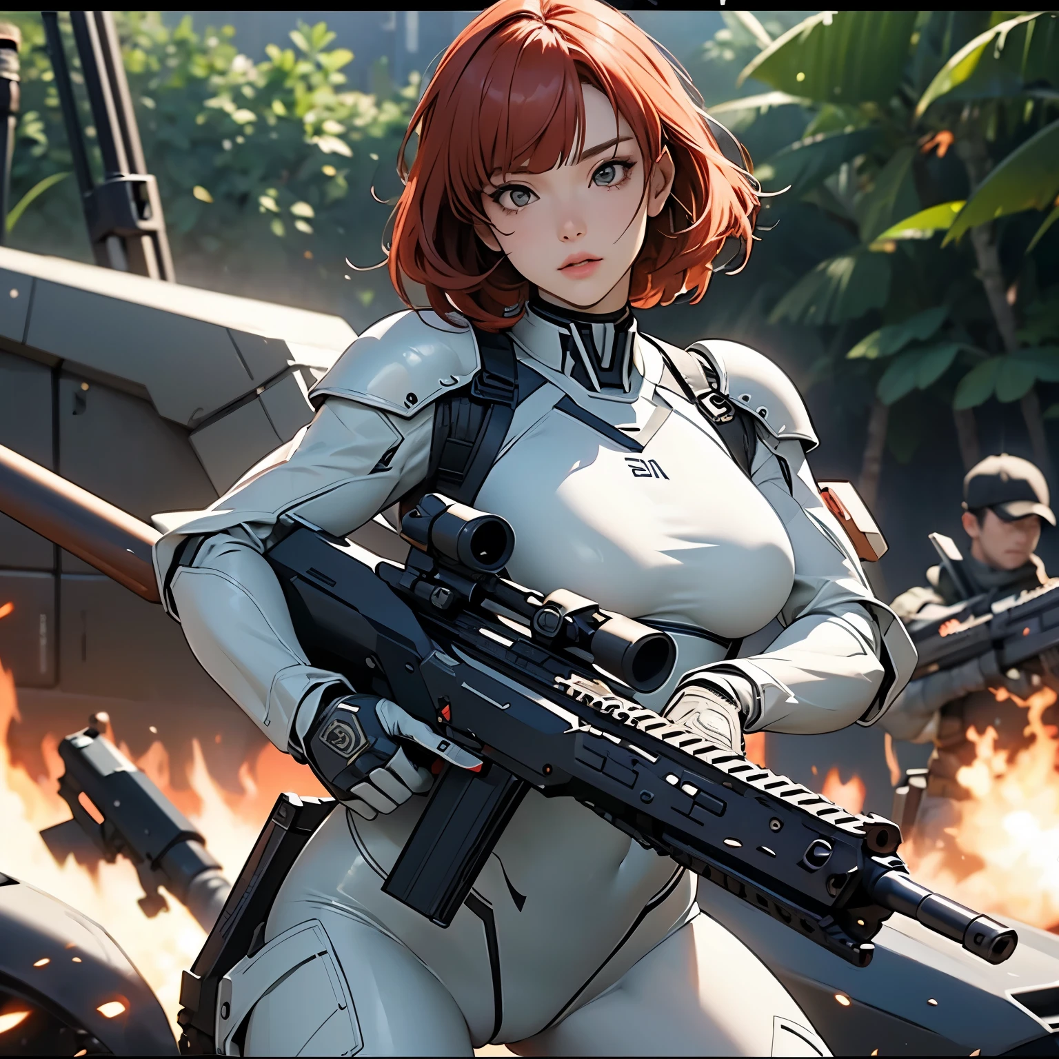 nsfw, anime screencap, 16K, perfect anatomy proportion body, perfect hands, action, A dynamic composition with a sense of speed and movement, (Hold an assault rifle:1.6), a wife, 40age, perfect beautiful delicate sexy face, perfect beautiful delicate slanted eyes, red hair, swept bangs pixie cut, medium breasts, abs, Elaborate heavy armored robotic steam engine full armor powered suit, Many chainmail-clad, heavily armored robot soldiers engaged in a firefight in the background., Flying bullets, Desert Battlefield, war, Post-apocalyptic,