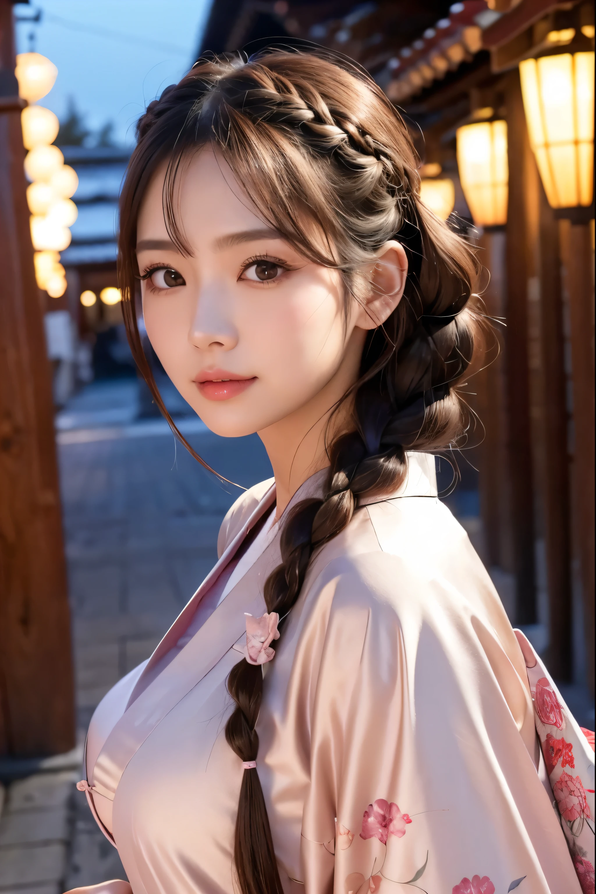 (NSFW:1.1)、 photorealistic、( Perfect Anatomy)female 1 person、age: 32、The hairstyle is semi-long with braids、 that only wears Pareos is light brown、Applying blush to the cheeks、Wearing false eyelashes、 I wear silver colored contact lenses、There are light eyeshadows、 lips are pink and glossy、smile、New Year、first visit of the year to a shrine、 wearing a kimono but showing my breasts 、In front of the shrine、Midnight、 light up