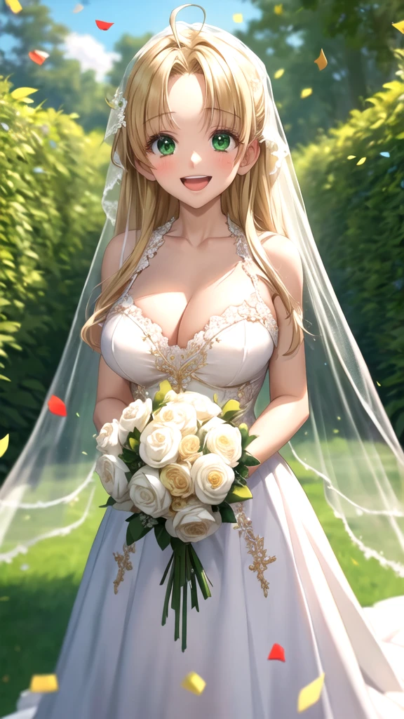 masterpiece, best quality, girl, solo, looking at viewer, asia_argento, blonde hair, green eyes, large breasts, wedding Dress, standing, garden, confetti, holding bouquet, smile, open mouth,