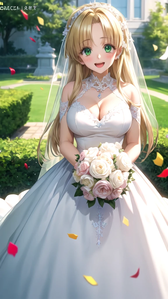 masterpiece, best quality, girl, solo, looking at viewer, asia_argento, blonde hair, green eyes, large breasts, wedding Dress, standing, garden, confetti, holding bouquet, smile, open mouth,