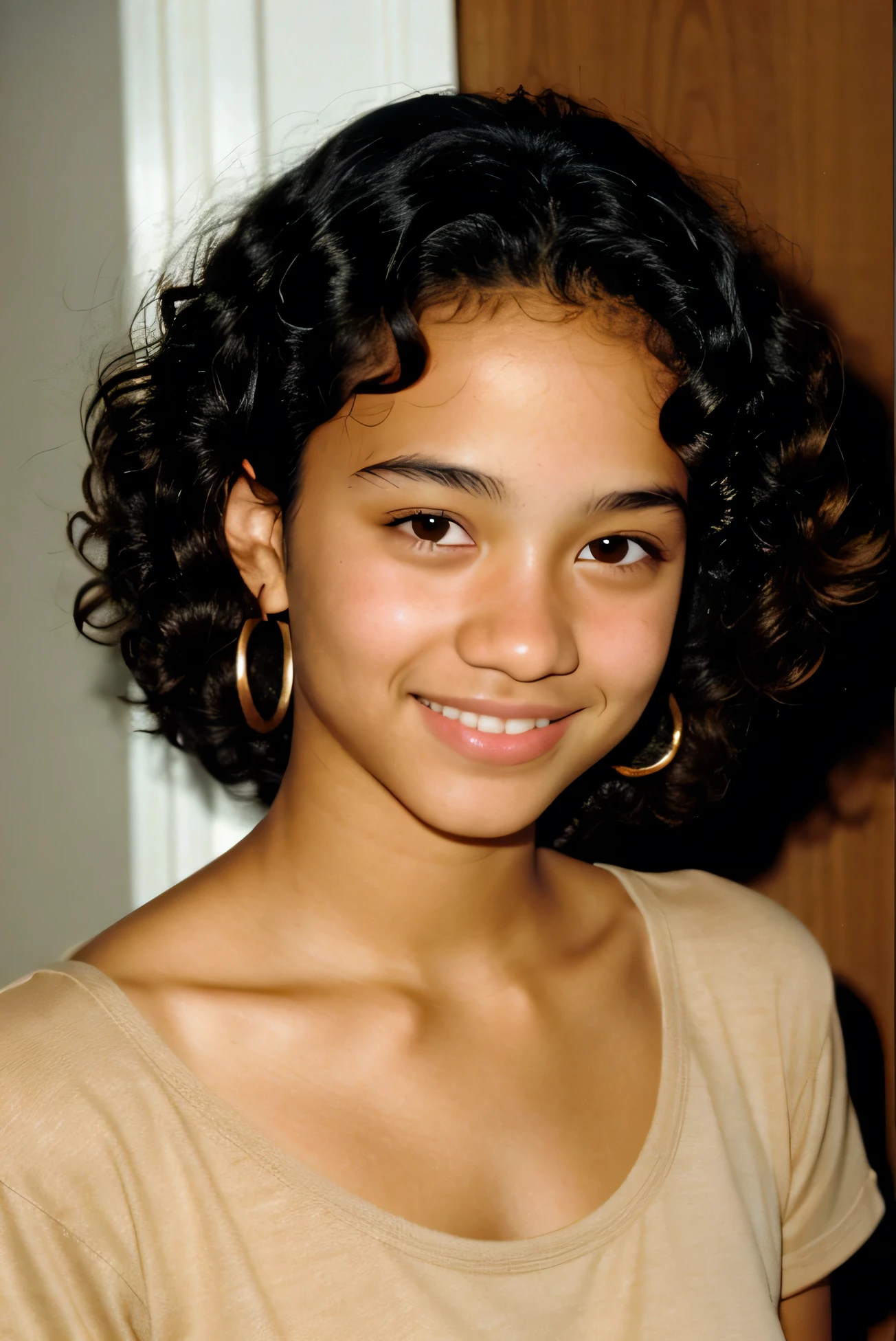 Chamorro Mexican girl with curly hair and a beauty mark on the bottom of the left cheek with long eyelashes and medium lips with caramel skin color with button nose and dark brown eyes