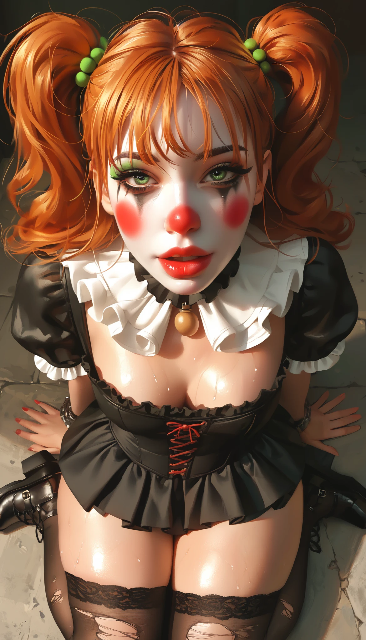 yu hee, hot clown girl, submissive, (((orgasm face))), chained, pale skin, on knees, looking at viewer, green eyes, perfect eyes, detailed eyes, sexy stare, detailed face, beautiful face, tight short skirt, ruffled top, ripped stockings, skater shoes, gothic sleeves, orange hair, twintails, sexy red lips, goth makeup, small waist, wide hips, huge thighs, haughty, high angle view, shiny skin, sweaty, dark basement