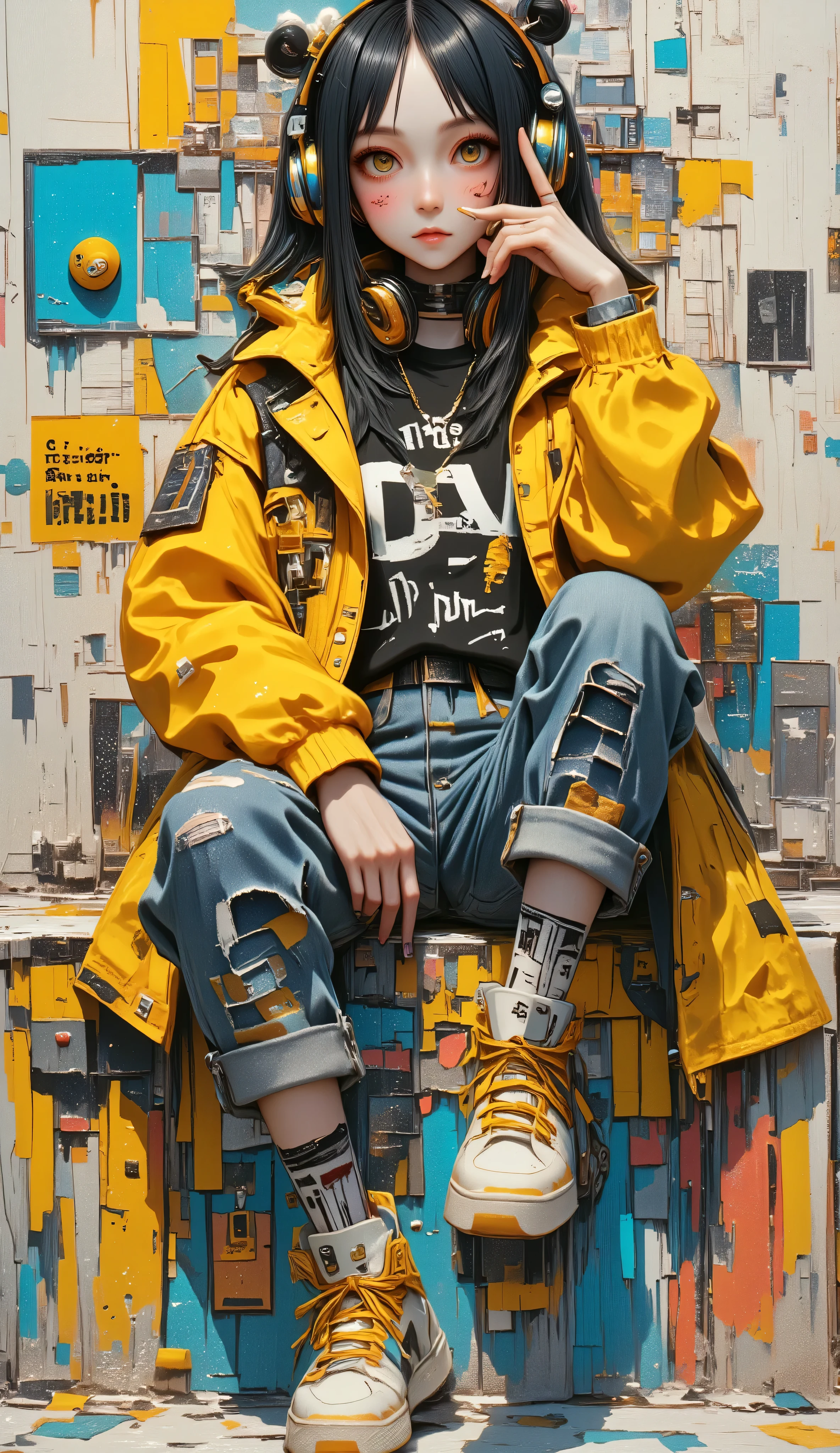  painting of a woman sitting on a wall smoking a cigarette ,  wearing headphones this one with her feet resting on the headphone Cross-footed edon,  sneakers ,  yellow coat jacket with geometric drawings ,  he falls on his shoulders ,  rolled-up jeans pants ,  the bottom of the wall is peeled with cyan colors ,  blue yellow and orange  , black sweatshirt with inscriptions , Look slightly down ,  with one hand on the cigarette ,  straight hair with a slit in the middle , Shiny hair,  cyberpunk art inspired by Yanjun Cheng ,  trend in artstation , street art,  artwork in the style of Guweiz , guweiz, Guweiz&#39;s masterpiece, Guweiz on ArtStation Pixiv, Cyberpunk streetwear, trending on cgstation, Guweiz on Pixiv Artstation, Style Ross Tran