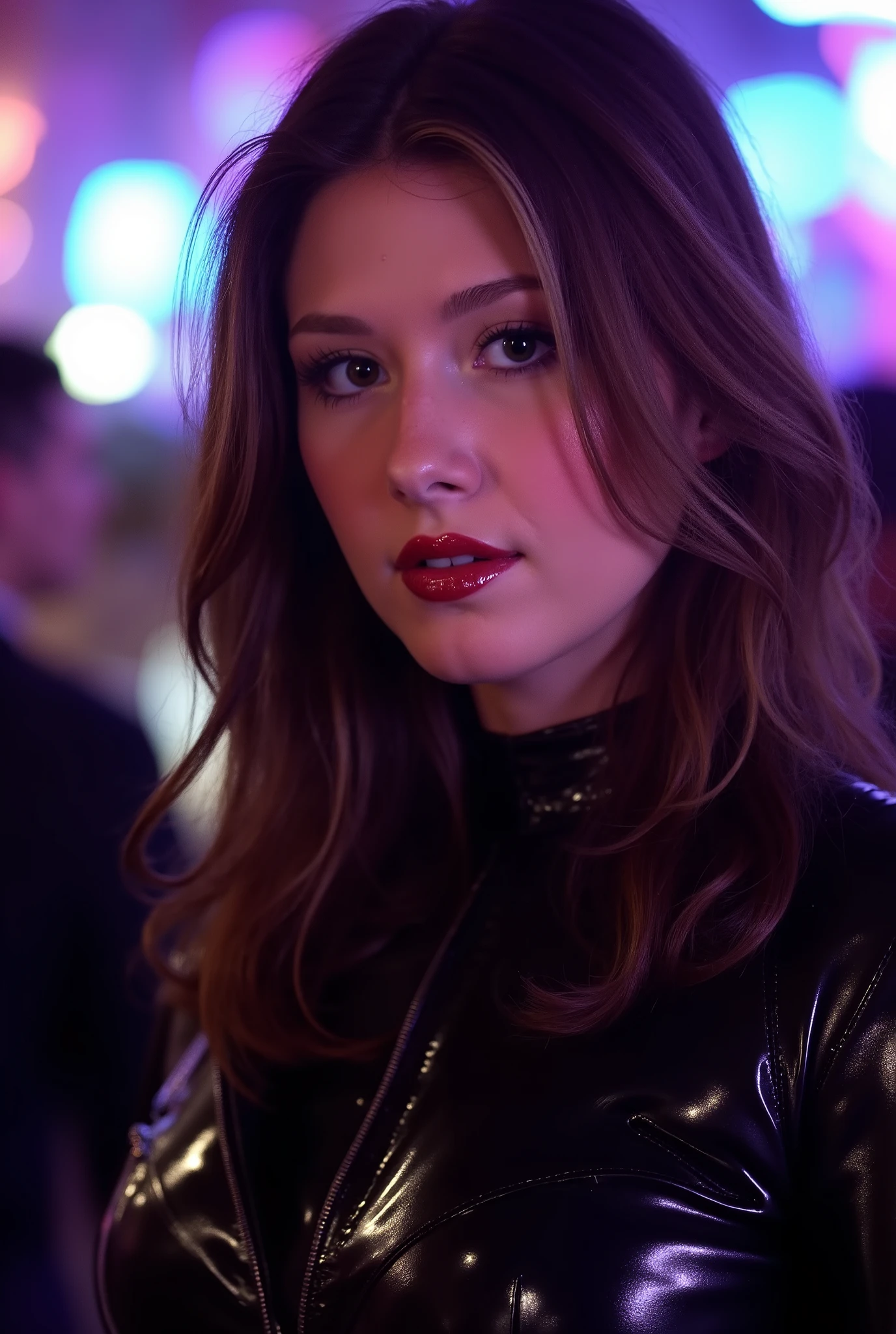 portrait, she is wearing shiny red lip gloss, looking directly at the viewer, she is wearing a latex cyberpunk outfit, she is standing in a nightclub, the room is brightly lit with neon lights,